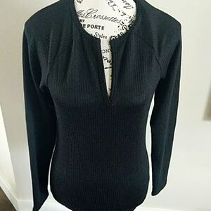 Jenni Black Ribbed Split Neck PJ Top Small